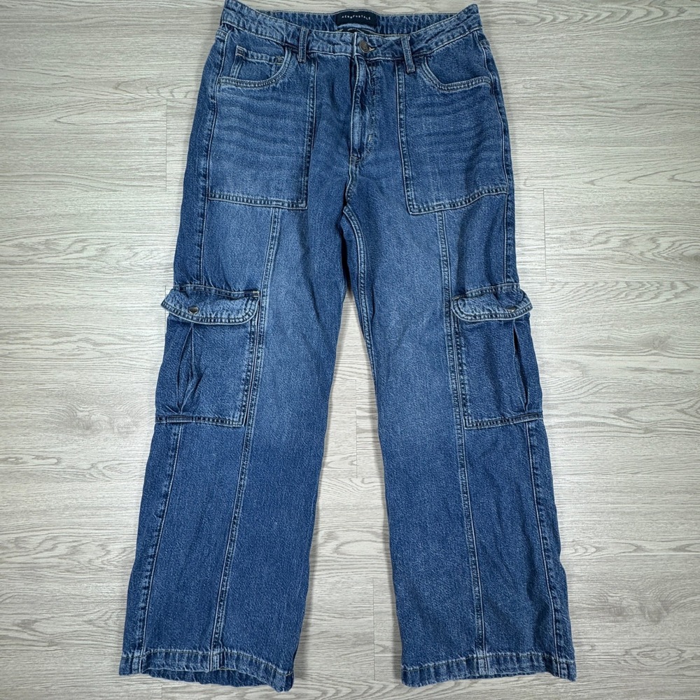 Y2K Aeropostale Women's Utility Cargo Jeans Wide Leg Medium Wash Blue 14 REG